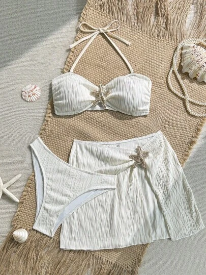SHEIN Bộ đồ bơi 3 món cho bé gái tuổi teen, màu trắng trơn, chất liệu dệt kim, họa tiết sao biển và cúc áo, dễ thương, thích hợp cho bãi biển, kỳ nghỉ, du lịch.
