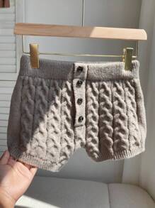 Comfortcana Low Waist Women's Knitted Shorts With Cable Pattern & Button Design - Grey - View 1