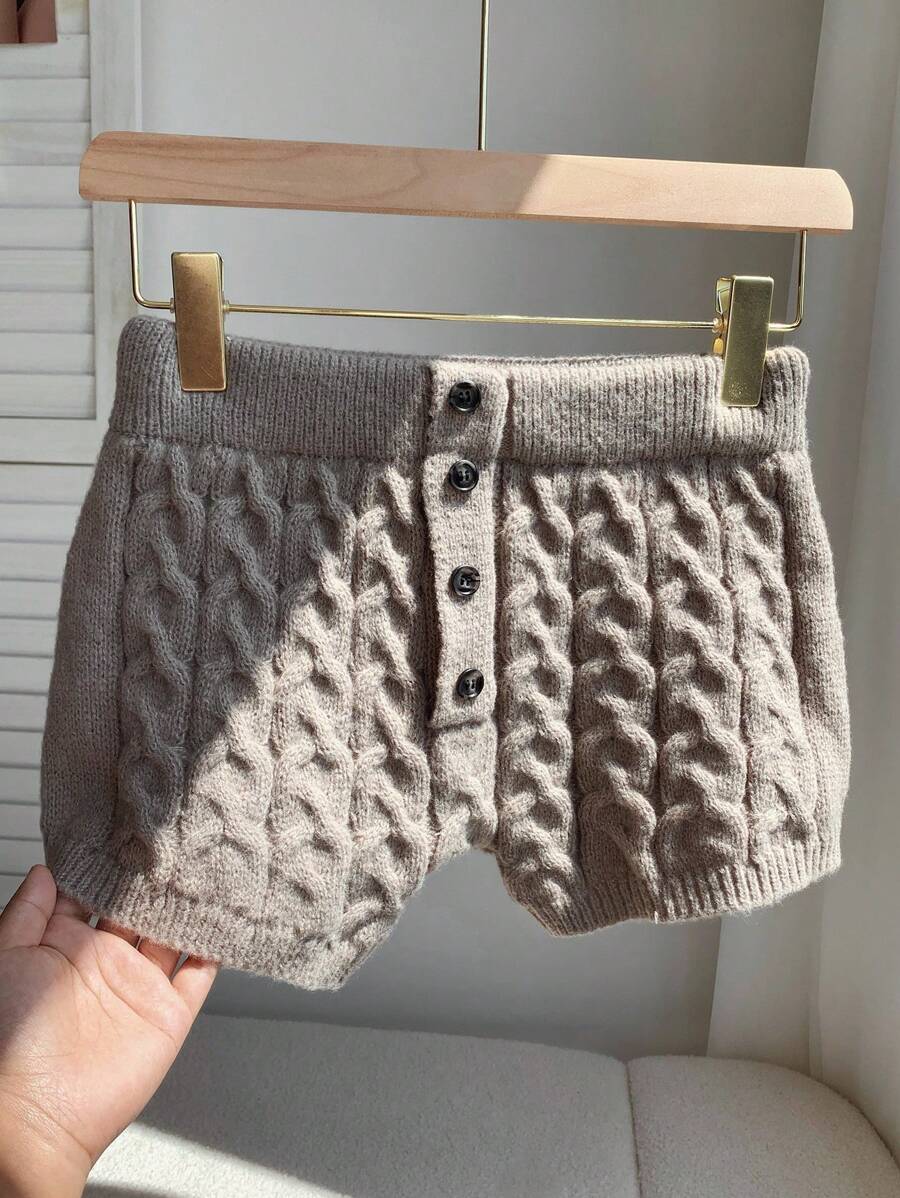 Comfortcana Low Waist Women's Knitted Shorts With Cable Pattern & Button Design - Grey - View 1