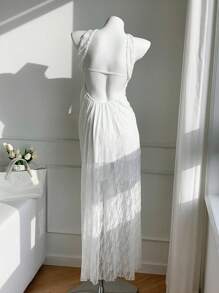 Comfortcana Women's Beach Elegant Solid Color Lace Backless Halter Dress, Summer Business Casual Dress For Women,Bohemian CLothes