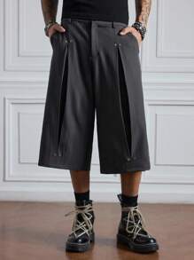 ROMWE MEN Casual 男式纯色褶皱口袋铆钉休闲七分短裤