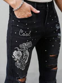 Manfinity LEGND Men's Fashion Street Style Embroidered Rhinestone Distressed Black Slim Fit Denim Jeans Men Rhinestone Jeans Men Graphic Jeans