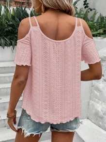 Breezaya Women's Vacation Batik Embroidery Off-Shoulder Short Sleeve Casual T-Shirt - Pink - View 2