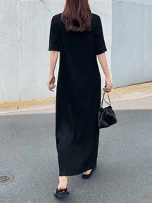 FRIFUL Women's Mock Neck Solid Color Textured Fabric Straight 3/4 Sleeve Slimming Long Dress - Black - View 5