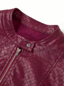 Ellevyn 女士纯色压花PU皮革长袖夹克，时尚 - 紅色 - 查看 6