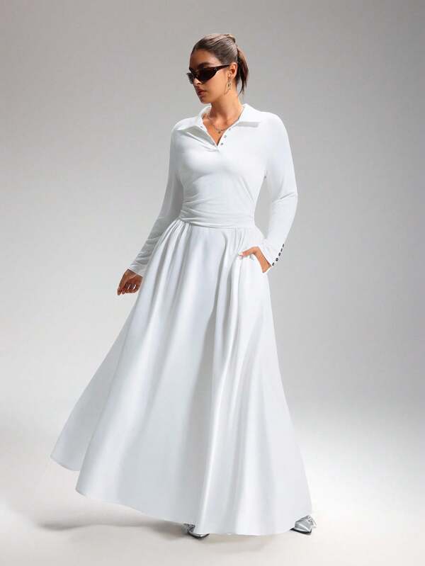 LYSMO Plus Size Women's Solid Color Polo Neck Long Sleeve Pleated Extra Long Dress