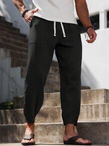 Manfinity RSRT 男士 100% 纯棉抽绳腰口袋休闲九分裤男士黑色亚麻裤男士抽绳裤黑色裤子男士休闲裤亚麻裤，秋季