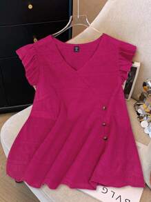 SHEIN LUNE Áo cánh cổ chữ V viền bèo nhún cỡ lớn thường ngày đa năng cho mùa hè - Màu Hồng Tươi - Xem 1