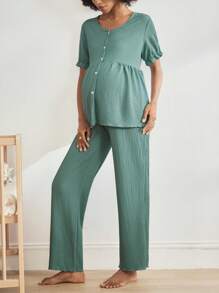 SHEIN BloomMama Conjunto de ropa de estar en casa para embarazadas compuesto por cardigan de manga abullonada de cuello en V de un solo color y pantalones