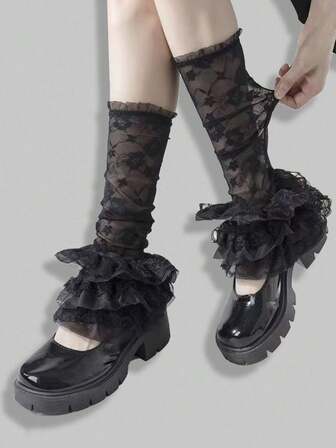 Kawaii Legwarmer neri in pizzo, di moda, versatili, traspiranti e comodi per le donne