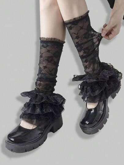 Kawaii Calentadores de pierna negros de encaje, de moda, versátiles, transpirables y cómodos para mujer