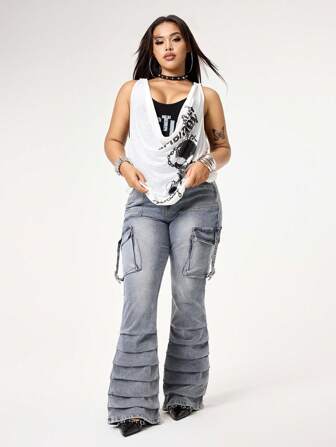Grunge Punk Jeans ajustados con lavado y desgastado, de talle alto, con bolsillos, de ajuste ceñido y elásticos, para talla grande, con estilo sexy Y2K