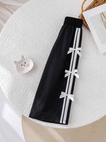 SHEIN 年轻女孩百搭休闲黑色蝴蝶结松紧腰宽松裤 - 黑色 - 查看 7