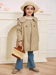 DAZY 年轻女孩休闲韩版翻领中长夹克，秋季衣服 - 卡其色 - 查看 2
