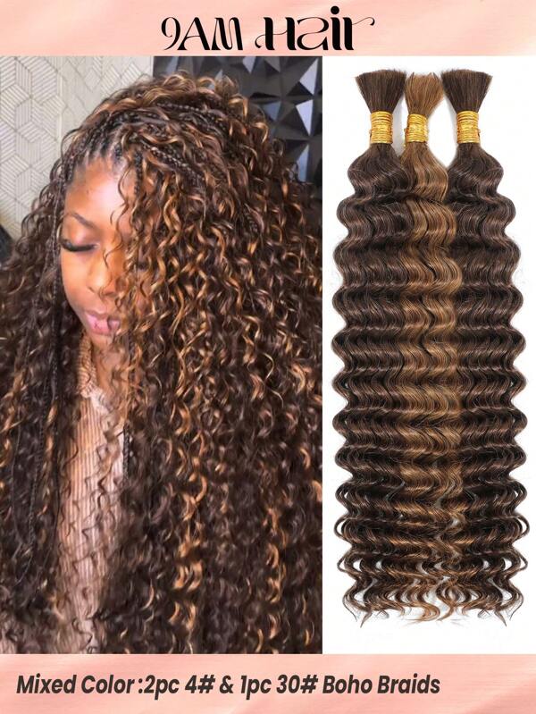 Boho Braids 3 Bündel voluminöses Flechtehaar in Bulk ohne Schuss, tiefe Wellen, Krokodil-Menschenhaar in Mischfarben 4/30/4#, Jungfrau-Haarverlängerung, ausreichend für einen vollen Kopf, Gewicht 4,93 Unzen, knotenfreie Zöpfe, Haarverlängerungen für Frauen