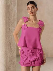 Aveloria Rosie White Handmade 3D Floral Applique Strap Camisole And Matching Mini Skirt Set, Elegant Refined Romantic Outfits For Women