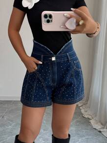 Elenzga New Arrival Elegant Rhinestone Decor Casual Non-Stretch Woven Women's Denim Shorts, Spring/Summer - Dark Wash - View 6
