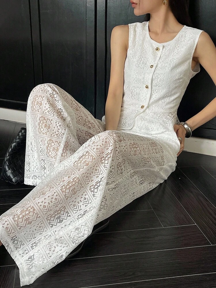 Women's 2 Pieces Set - Hollow Lace Round Neck Sleeveless Vest And Wide Leg Pants, Elegant Holiday Outfit