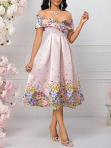 SHEIN Lady 女士花卉印花 V 领单肩露肩优雅婚礼宾客鸡尾酒会礼服 - 粉色 - 查看 5