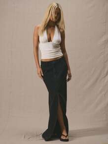 MUSERA 深V露背修身长款上衣，春季可爱度假风，90年代优雅Y2K基础款，适合户外、工作、日常休闲、毕业典礼、节日、外出、夜店等场合，优雅夏日度假风 - 白色 - 查看 5