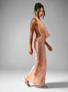 MISSGUIDED 雪纺围脖领露背长裙优雅夏季婚礼宾客垂坠拖地长礼服特殊场合正式晚装