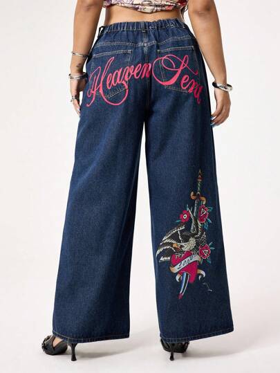 Grunge Punk Vintage Y2K Eagle Sword Rose English Print Plus Size Women's Denim Jeans