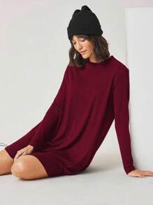 EURMUSE Women Solid Color Round Neck Long Sleeve Casual Loose Short Dress - Burgundy - View 4