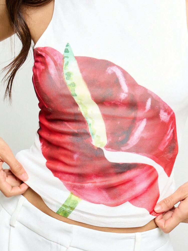 Fitted Sleeveless Crop Tank Top With Anthurium Floral Art Print