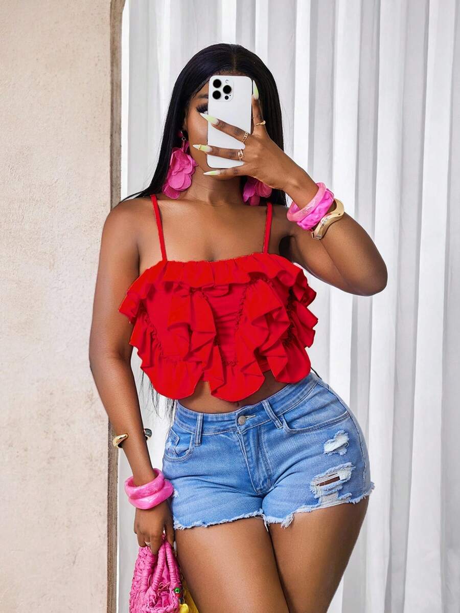 BamGleam Áo hai dây không tay nhún bèo thời trang màu trơn cho mùa hè dành cho nữ - Đỏ - Xem 1