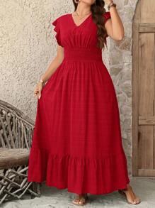 SHEIN CURVE+ 大码女式纹理面料飘逸长裙，夏季毕业礼服，7月4日白色毕业典礼服装 - 紅色 - 查看 7