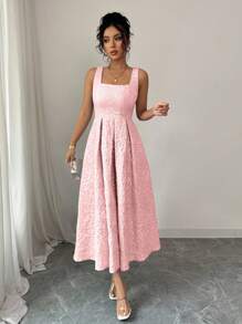 Rafferiza Women's Elegant Minimalist Blue Jacquard Square Neck Spaghetti Strap Dress, Summer - Pink - View 6