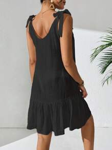 Swim Vcay Women's Summer Beach Solid Color Sleeveless Tie Shoulder Shell Button Ruffle Hem Vacation Kaftan Dress