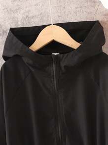 SHEIN 青少年女孩休闲简约舒适连帽中长抽绳夹克，秋冬 - 黑色 - 查看 7