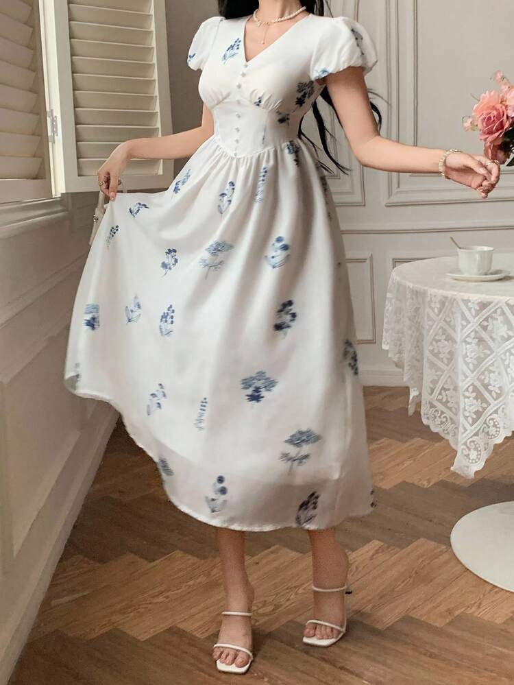 French Style Short Sleeve Waist-Defining Slimming Long Dress For Summer Maxi Dress