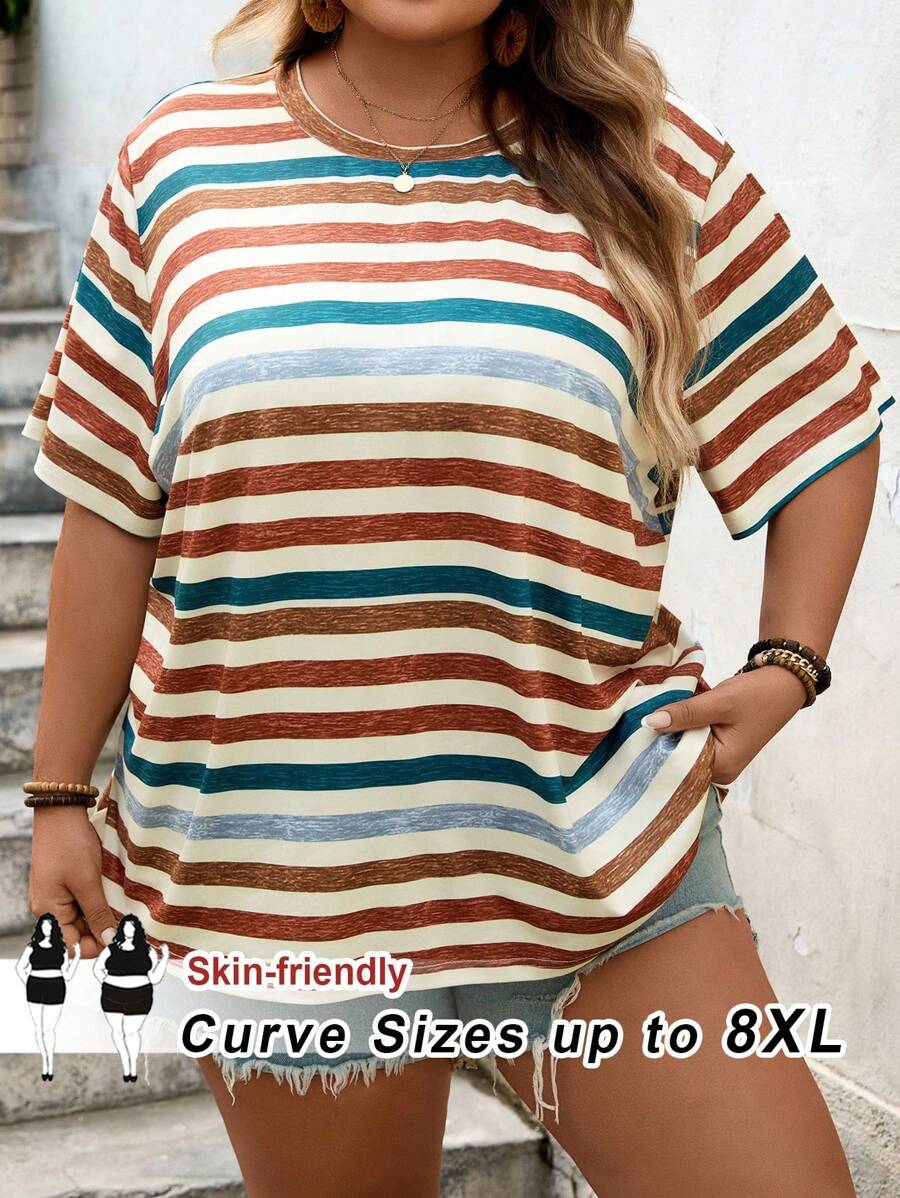 SHEIN CURVE+ 大码度假撞色条纹休闲夏季短袖T恤 - 彩色 - 查看 1