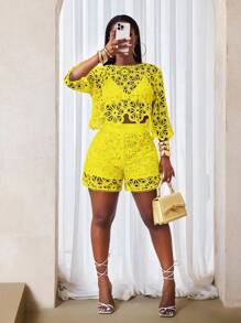 BamGleam Spring/Summer New Elegant Casual Solid Color Floral Hollow Loose Shorts For Women