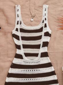 Soleia 杏色和黑色撞色条纹镂空无袖毛衣裙，适合女士休闲度假、海滩、派对、约会、下午茶、音乐节、波西米亚风、度假