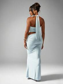 MISSGUIDED Halter Neck Ruched Crop Top And High Waisted Maxi Skirt Festival Evening Party Wedding Guest Co-Ord Set - Baby Blue - View 2