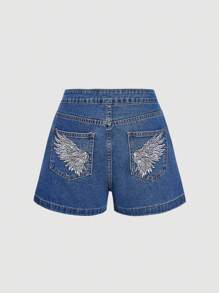 SHEIN MOD Quần short denim nữ, Dòng Angel Wing, Thiết kế Angel Wing, Phong cách thường ngày thanh lịch khi đi làm, Denim cũ, Thêu bạc, Chi tiết đính đá - Màu xanh lam - Xem 1