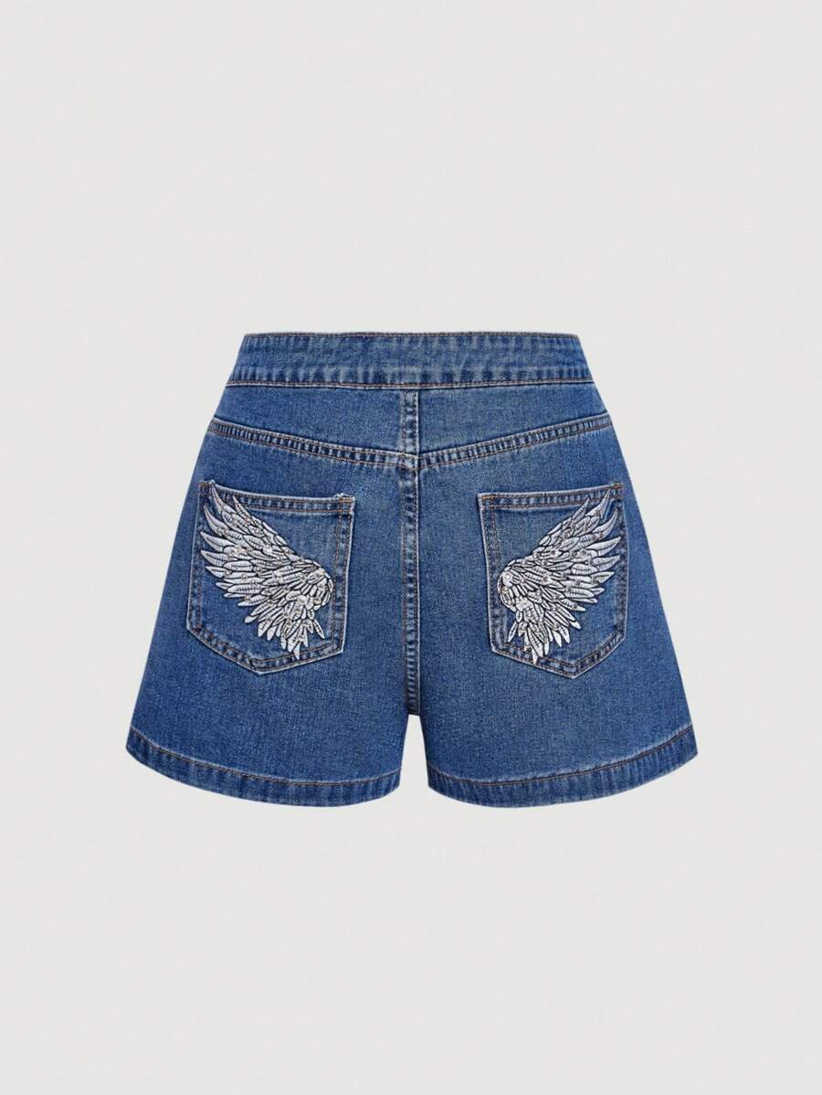 SHEIN MOD Quần short denim nữ, Dòng Angel Wing, Thiết kế Angel Wing, Phong cách thường ngày thanh lịch khi đi làm, Denim cũ, Thêu bạc, Chi tiết đính đá - Màu xanh lam - Xem 1