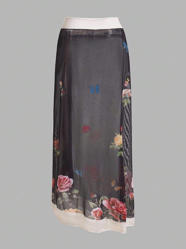 Swim Oasis 加大码女式花卉印花细肩带连体泳衣（含罩衫裙套装），适合度假 - 黑色 - 查看 5