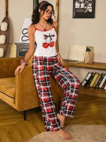 Conjunto de pijama de mujer con estampado de cereza y cuadros con cinta con letras - Blanco - Ver 6