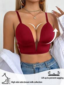 DesireSculpt 1 件女士纯色性感深 V 领露背文胸 - 酒紅色 - 查看 3