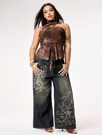 Grunge Punk Plus Size Relaxed Street Grunge Distressed Vintage Plus Size Cross Vine Print Denim Jeans