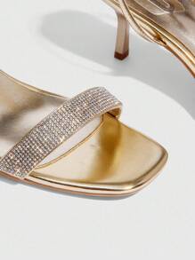 CUCCOO SZL 女士金色金属 PU 银色水钻装饰带方头时尚性感迷人派对俱乐部装小猫跟凉鞋 - 金色 - 查看 10