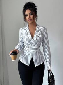 Selianne Blusa de mujer de manga larga con cuello asimétrico y cruzado a rayas - Multicolor - Ver 3