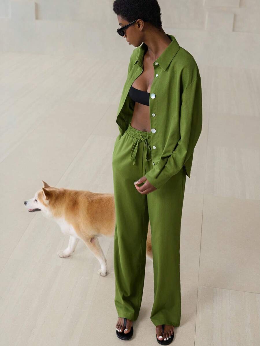 Aveloria Modichic 2pcs Linen Hemline Side Slit Shirt & Solid Color Casual Pants Set Fall Cloth For Women - Green - View 1