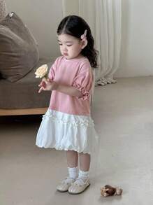 Dazy Kids Kleinkind Mädchen Rundhals Kontrast Farbige Puffärmel Midi Sommer Lässig Kleid