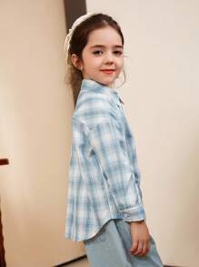 DAZY 年轻女孩格子休闲百搭长袖衬衫，秋季服装 - 藍色 - 查看 2