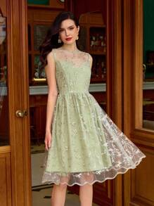 Vintamour 复古经典优雅刺绣女士 A 字裙，绿色喇叭裙，春夏 - 綠色 - 查看 1